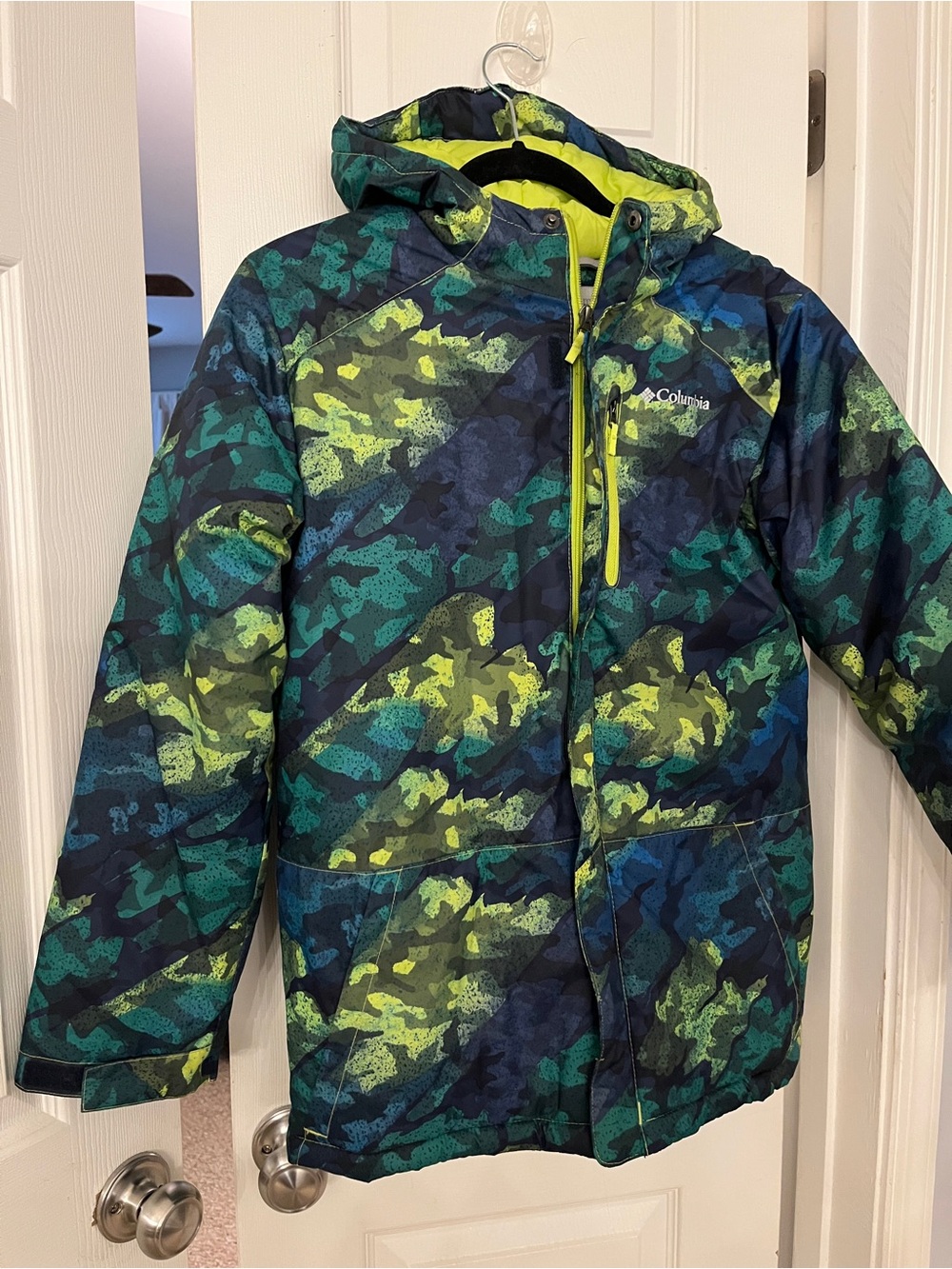 Columbia Kids Green Blue Camo Hooded Puffer Jacket Coat Size L 14/16